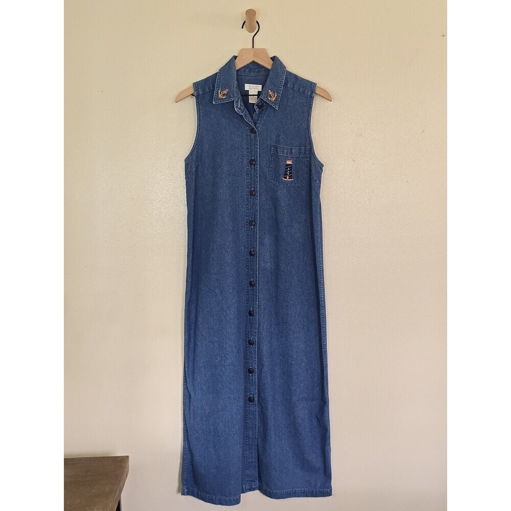 Vintage Christopher & Banks Denim Maxi Dress M Nautical Embroidered Button Front - Picture 2 of 9